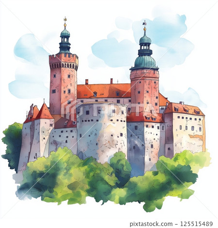 Wawel Castle. Wawel Castle hand drawn watercolor illustration 125515489