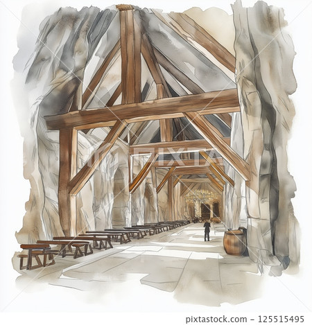 Wieliczka Salt Mine. Wieliczka Salt Mine hand drawn watercolor illustration 125515495