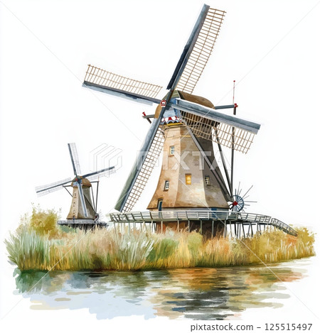 Windmills of Kinderdijk. Windmills of Kinderdijk hand drawn watercolor illustration Windmills of Kinderdijk. Windmills of Kinderdijk hand drawn watercolor illustration 125515497