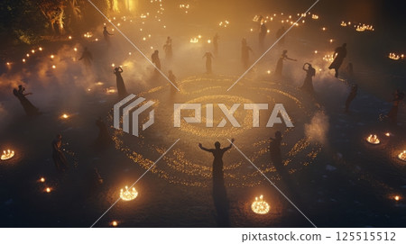 Mystical night dance: silhouetted figures around fire circles in enchanted forest 125515512
