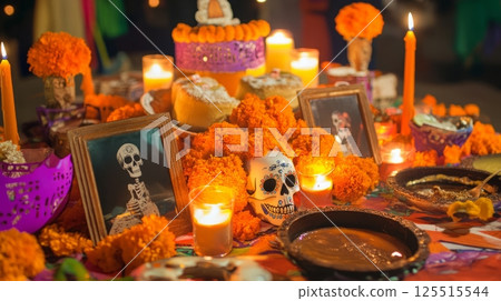 Colorful dia de los muertos altar with marigolds and skulls 125515544