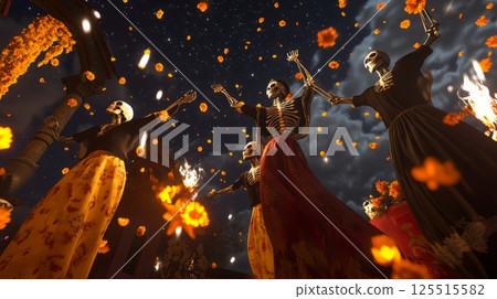 Skeleton dance under night sky amidst marigold petals and starry sky festivity 125515582