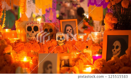 Vibrant dia de los muertos altar with skulls and marigolds 125515583