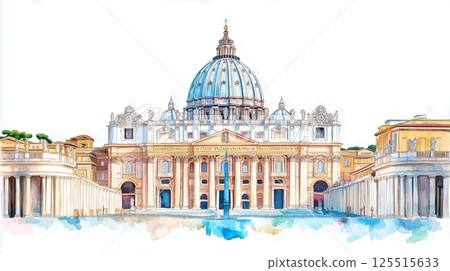 Vatican City and St Peters Basilica. Vatican City and St Peters Basilica hand drawn watercolor illustration 125515633