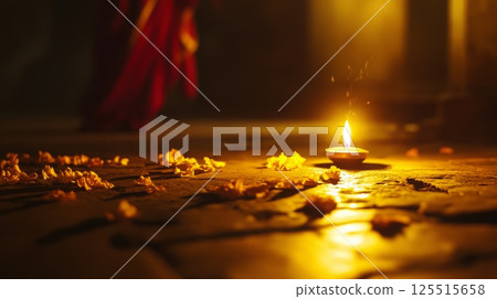 Serene diwali night: glowing diya with flower petals on stone pathway in warm light Serene diwali night: glowing diya with flower petals on stone pathway in warm light 125515658
