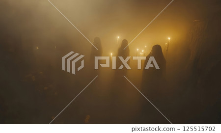 Mysterious hooded figures holding candles in foggy candlelit ambiance 125515702