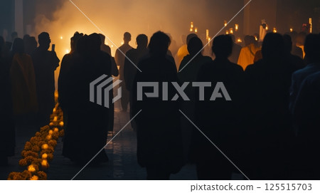 Silhouettes in candlelit procession during night ceremony 125515703