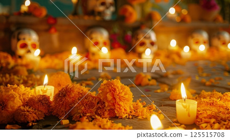 Dia de los muertos altar with marigolds and candlelight ambiance 125515708