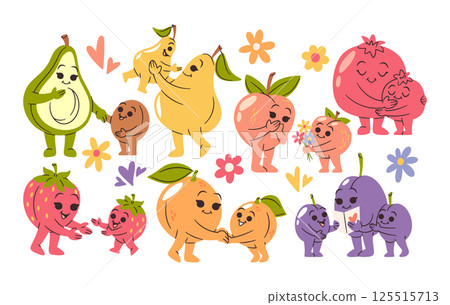 Mothers day fruits collection with happy kawaii doodle hand drawn characters feeling joy and love Mothers day fruits collection with happy kawaii doodle hand drawn characters feeling joy and love 125515713