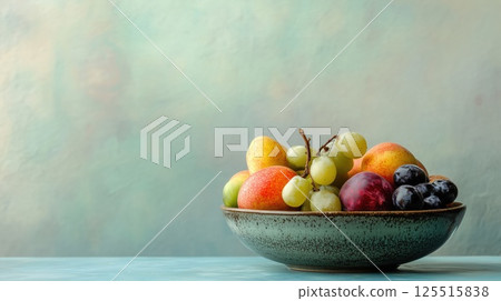Deep blue bowl with grapes and apples on a blue wall background 125515838