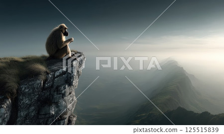 Distant shot of a chimpanzee sitting on the edge of a mountain, against a backdrop of misty mountains, backdrop with copy space Distant shot of a chimpanzee sitting on the edge of a mountain, against a backdrop of misty mountains, backdrop with copy space 125515839