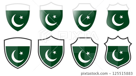 Vertical Pakistan flag in shield shape, four 3d and simple versions. Pakistani icon / sign Vertical Pakistan flag in shield shape, four 3d and simple versions. Pakistani icon / sign 125515883