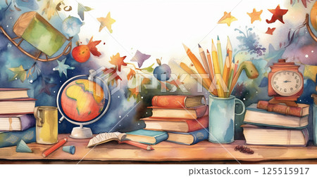 Watercolor panoramic school background - AI generated image 125515917