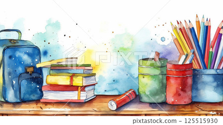 Watercolor panoramic school background - AI generated image 125515930