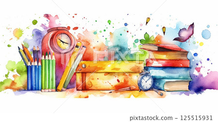 Watercolor panoramic school background - AI generated image 125515931