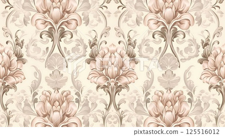 Floral wallpaper with a flowery design. The wallpaper is white and has a pink hue. The flowers are arranged in a way that they look like they are blooming 125516012