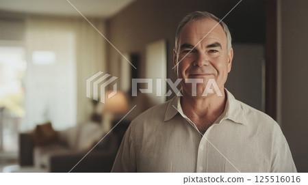 A man displaying a genuine smile stands in a well-lit living room filled with comfortable furniture, showcasing a welcoming atmosphere in the daytime. 125516016