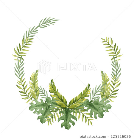 Tropical Leaves circle frame, Wreath. Eucalyptus, Banana Palm and Monstera. Watercolor Hand drawn botanical illustration isolated on white background. For cards, invitations and logos. 125516026