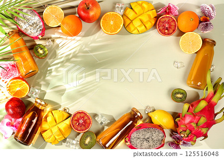 Dragon fruit, pitahaya, mango, blood orange, lemons, kiwi, oranges and fresh juices. Summer exotic tropical fruits, banner for a cafe or store, postcard for advertising an Asian market Dragon fruit, pitahaya, mango, blood orange, lemons, kiwi, oranges and fresh juices. Summer exotic tropical fruits, banner for a cafe or store, postcard for advertising an Asian market 125516048