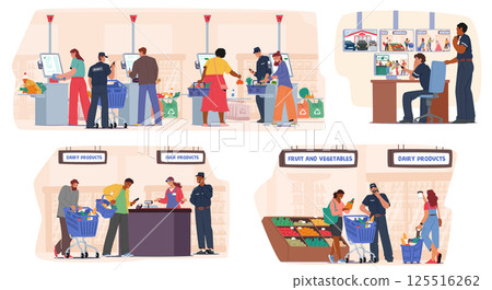 Security service in supermarket isolated cartoon scene set with guardsmen providing public safety 125516262