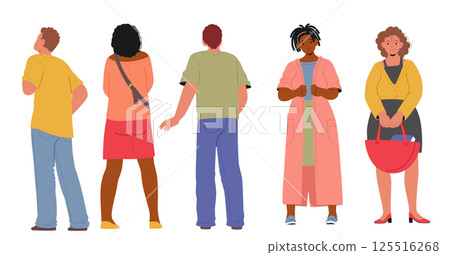 Diverse people cartoon characters from different angles of view standing in row isolated on white 125516268