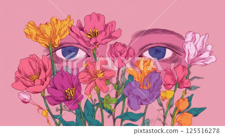 Illustration of women's blue eyes in growing flowers, on a pink background Illustration of women's blue eyes in growing flowers, on a pink background 125516278