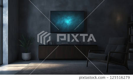 Interior of a gloomy gray room with a TV on the wall, a wooden cabinet on the floor, a black upholstered chair in the right corner and a vase with a plant on the left side of the room Interior of a gloomy gray room with a TV on the wall, a wooden cabinet on the floor, a black upholstered chair in the right corner and a vase with a plant on the left side of the room 125516279