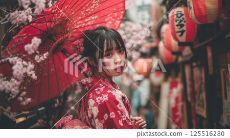 Japanese girl with black hair and umbrella in traditional costume Japanese girl with black hair and umbrella in traditional costume 125516280