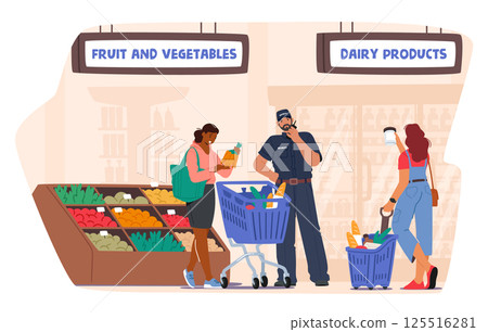Guard working at supermarket fruit vegetables and dairy products department store controlling safety Guard working at supermarket fruit vegetables and dairy products department store controlling safety 125516281