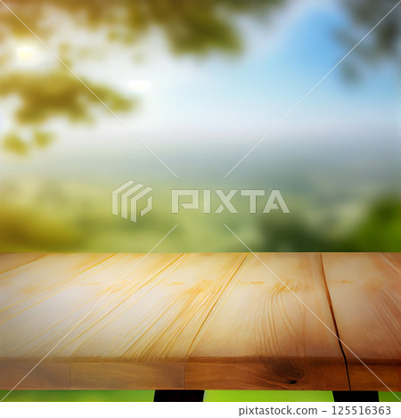 Wooden table over a sea of fog blurred mountain background - AI generated image 125516363