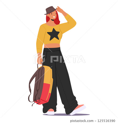 Beautiful confident teenage girl student cartoon character with backpack standing isolated on white Beautiful confident teenage girl student cartoon character with backpack standing isolated on white 125516390