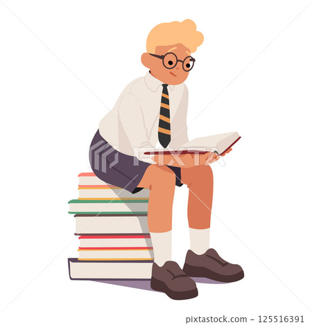 Smart nerd boy cartoon character enjoying reading while sitting on stack of books isolated on white 125516391
