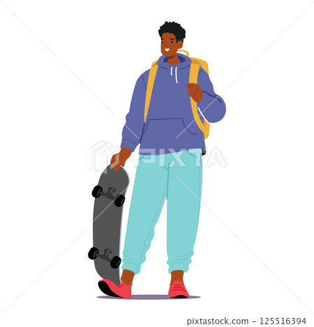 Casual teenage guy cartoon student character standing with skateboard and backpack isolated on white 125516394