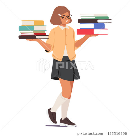 Nerd girl cartoon character in eyeglasses carrying two stacks of books isolated on white background 125516396