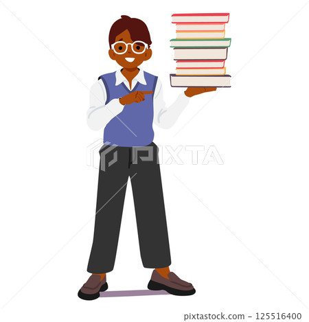 Nerd boy school student cartoon character pointing finger at books stack in hand isolated on white 125516400