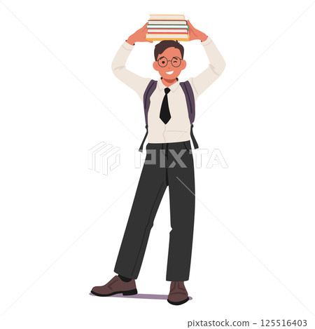 Nerd boy student cartoon character raising stack of books over head isolated on white background 125516403