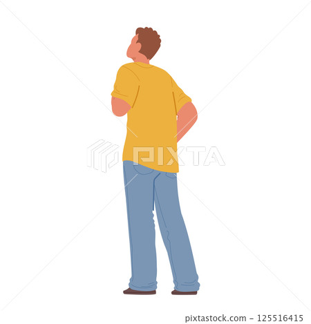 Young man cartoon character looking forward standing side back isolated on white background 125516415