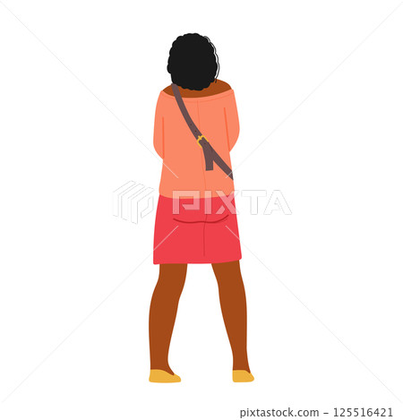 Woman cartoon character standing and looking front of her view from behind isolated on white 125516421