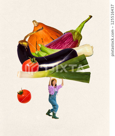 Happy, young farmer woman lifting giant vegetable mix including eggplant, tomato, pumpkin against light background. 125516437