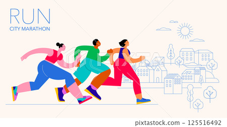 Abstract runners figures. Colorful illustration of group of people, men and women, running marathon Abstract runners figures. Colorful illustration of group of people, men and women, running marathon 125516492