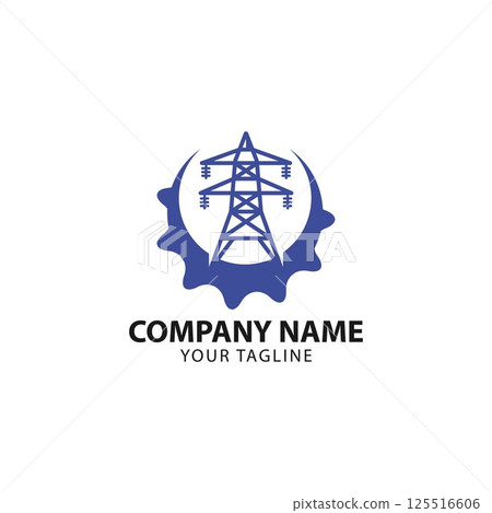 Power line repair logo design. Lineman and lightning bolt vector design. Lightning-shaped electric pole logotype Power line repair logo design. Lineman and lightning bolt vector design. Lightning-shaped electric pole logotype 125516606