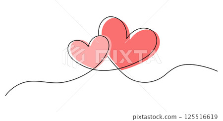 Two intertwined hearts in a continuous line drawing. Simple line art of two overlapping hearts for Valentine's Day 125516619