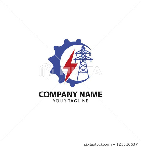 Power line repair logo design. Lineman and lightning bolt vector design. Lightning-shaped electric pole logotype 125516637