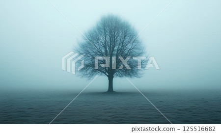 Lone tree stands in a field of grass. The sky is overcast and the air is cold Lone tree stands in a field of grass. The sky is overcast and the air is cold 125516682