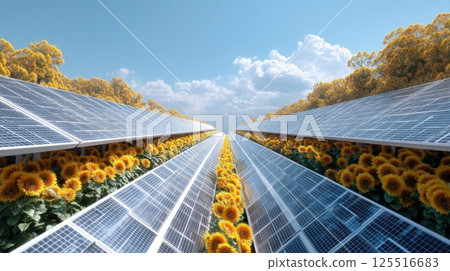 Long solar panels decorated with yellow sunflowers, a conservation concept Long solar panels decorated with yellow sunflowers, a conservation concept 125516683
