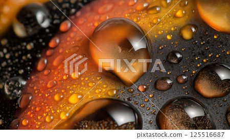 Macro shot of dewdrops on the wings of a black and orange beetle Macro shot of dewdrops on the wings of a black and orange beetle 125516687