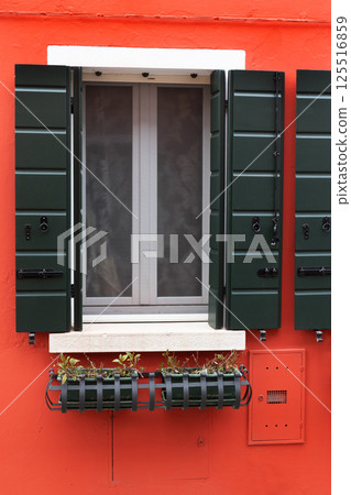 Red house wall with green shutters and window box 125516859