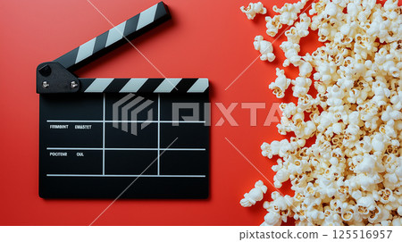 Movie night setup with a clapperboard and popcorn on a vibrant red background 125516957