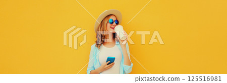 Summer stylish happy young woman with phone, cool girl using smartphone holding drinking coffee Summer stylish happy young woman with phone, cool girl using smartphone holding drinking coffee 125516981