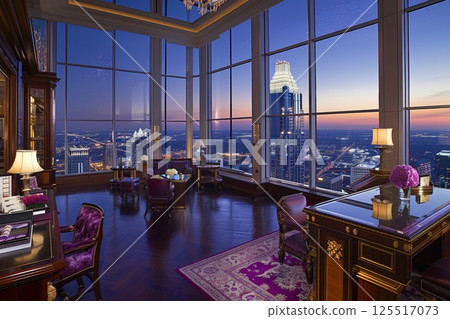 This luxurious bedroom features a large bed against Mocha Mousse walls adorned with a chandelier. Flowers in pots enhance the serene ambiance creating a cozy retreat high above the city. This luxurious bedroom features a large bed against Mocha Mousse walls adorned with a chandelier. Flowers in pots enhance the serene ambiance creating a cozy retreat high above the city. 125517073